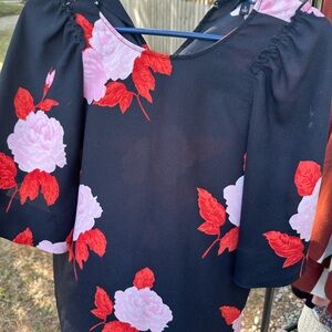 Who What Wear Black Blouse with Red and Pink Floral Design